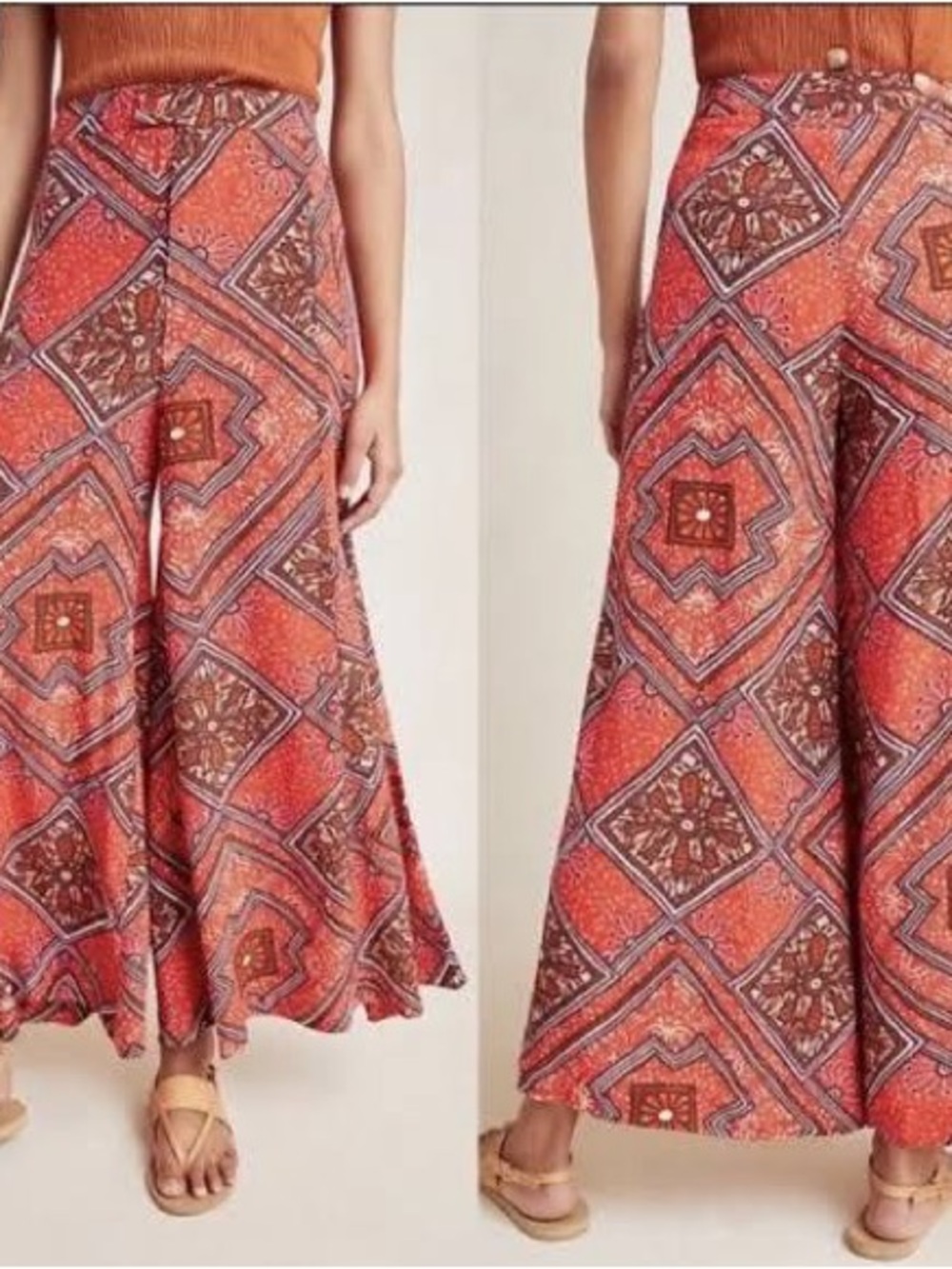 Anthropologie Orange & Brown Wide-Leg Printed Palazzo Gauze Pants